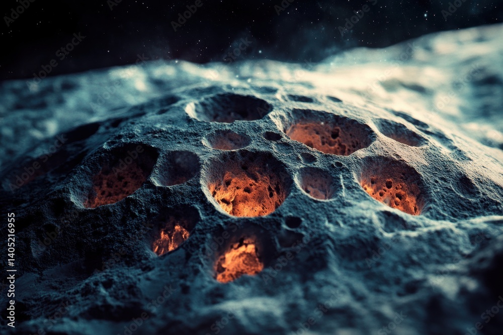 Molten craters dotting a celestial body's surface.