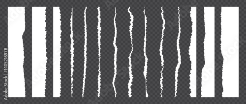 Paper rip set with torn edge on transparent background, white vertical paper strip border for banner, scrap, notes and message. Grunge brush stroke, distorted lines. Vector illustration, png bg. 
