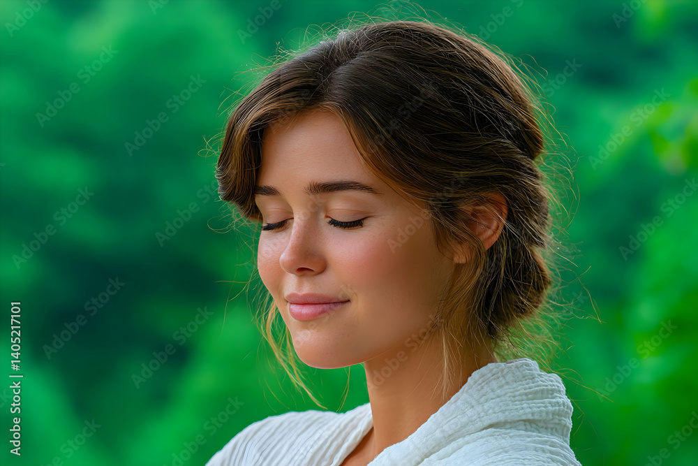 Serene young woman with eyes closed, peaceful expression, outdoors. Generative AI Serene young woman with eyes closed, peaceful expression, outdoors. Generative AI