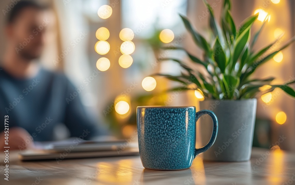 Teal mug sits on a wooden table in a cozy room.
