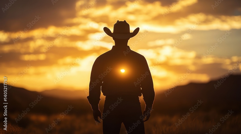 Silhouette of a cowboy facing the golden sunset.
