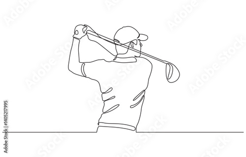 Man playing golf continuous one line drawing. professional golfer swinging the stick in single line art illustration, Continuous line drawing of a golfer swinging on a white background.