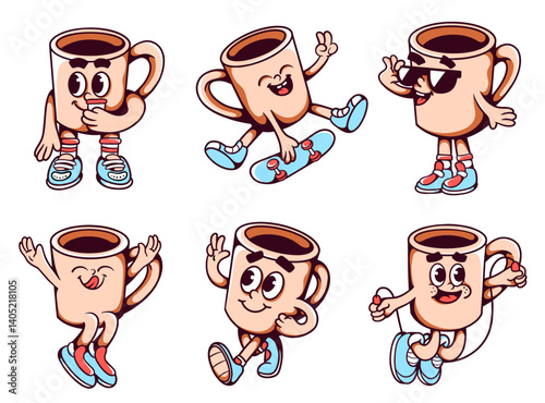 Coffee Cup Cartoon in Various Poses: Adorable cartoon coffee cups in a delightful display, showcasing diverse actions such as skating, waving, and expressing happy emotions.