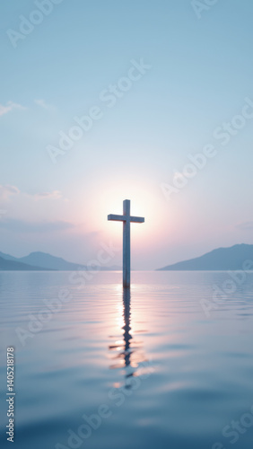 Sunlit body of water with a cross emerging from its surface, suggesting serene spirituality.