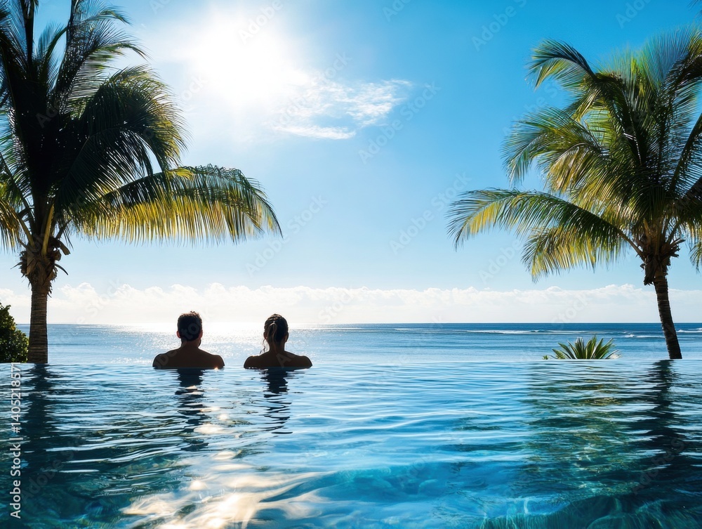 Tropical paradise pool scene with a couple.