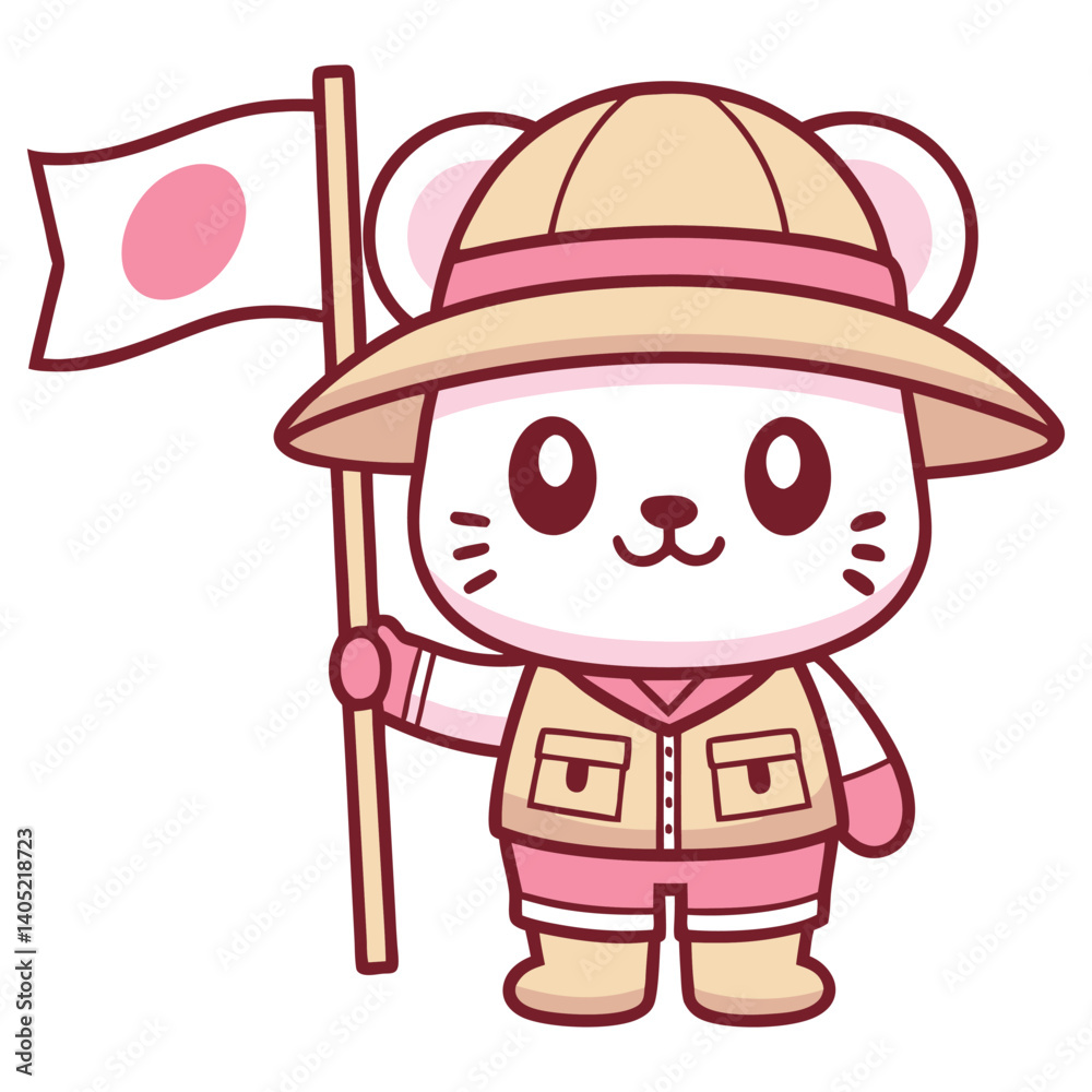 Cartoon Mouse Explorer Holding Flag of Japan, Wearing Safari Hat and Outfit Cartoon Mouse Explorer Holding Flag of Japan, Wearing Safari Hat and Outfit