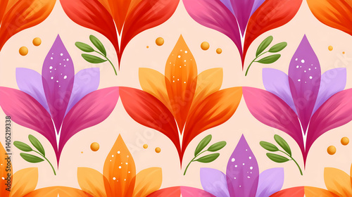 Vibrant floral seamless pattern with stylized blossoms and leaves on a pale background. Generative AI