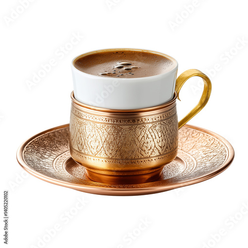Turkish coffee in traditional golden cup with saucer