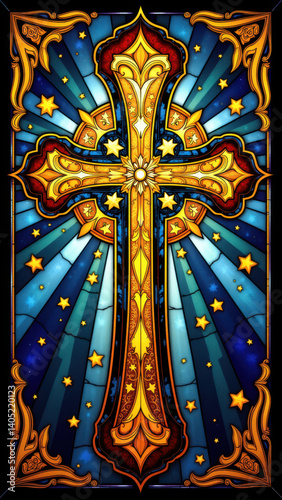 Stained glass Christian cross art on a gray background.