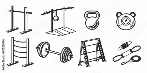 Black and White Fitness Gym Equipment Illustrations: Workout Gear Icons - Kettlebell, Barbell, Pull-Up Bar, Agility Ladder, Resistance Bands, Timer, Jump Rope