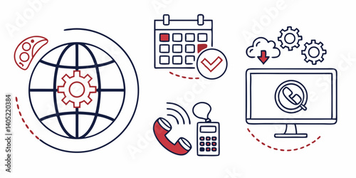 Business Technology Icons: Globe, Calendar, Phone, Computer, Cloud & Gears