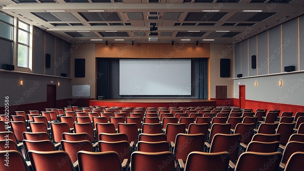 Naklejka premium Empty school auditorium with a grand stage, perfect for events and presentations.