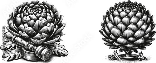 Set of Artichoke Engraving Designs with Intricate Leaf Layers and Blooming Flower – Detailed Botanical Line Art for Laser Cutting, Wood Engraving
