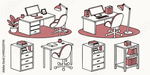 Minimalist Office Furniture Set Isometric Desk Chair Filing Cabinet Lamp Line Art Style