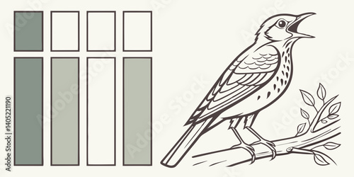 Singing Bird Line Art with Grayscale Color Swatches Illustration
