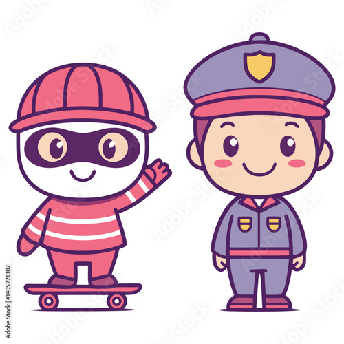 Cartoon Burglar on Skateboard Waving Hand & Policeman on Isolated White Background