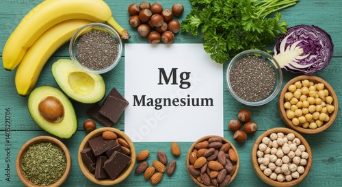Overhead shot of vibrant magnesium-rich foods on a rustic wooden surface