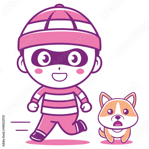 Cartoon thief running wearing striped shirt with dog on transparent background