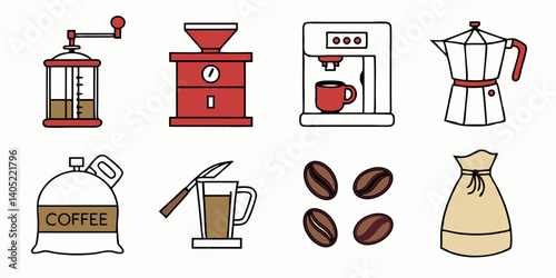 Flat Vector Coffee Icons Set Grinder Machine Moka Pot Beans Bag Cup Illustrations