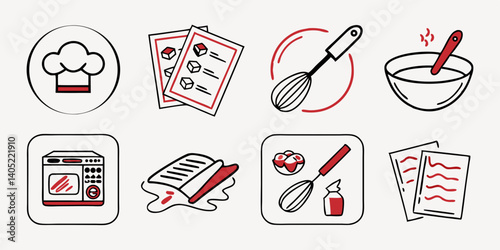Kitchen Cooking Icons: Chef Hat, Recipes, Whisk, Bowl, Microwave - Food Prep Red and Black Line Art