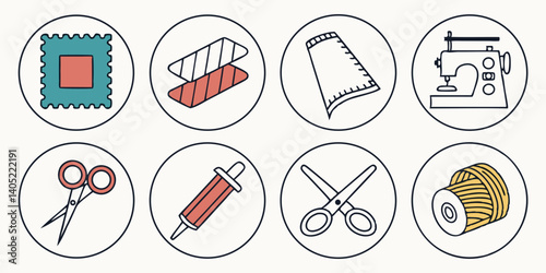Sewing Craft Tools Outline Style Icons Set