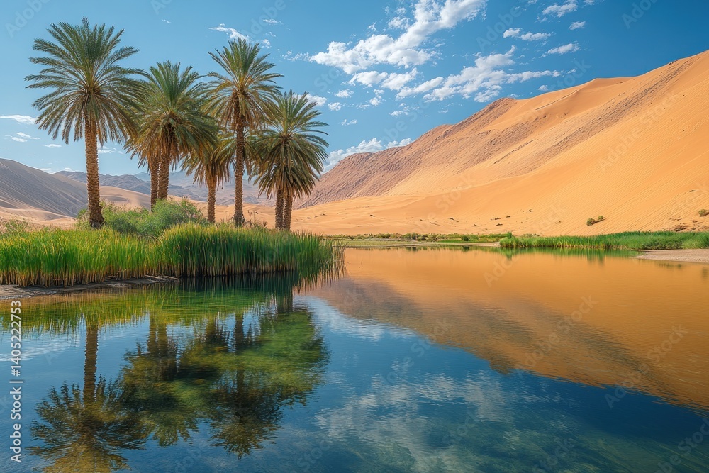Desert oasis with palm trees reflecting in calm water Desert oasis with palm trees reflecting in calm water