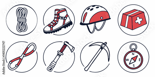 Cartoon Vector Mountaineering Icons Set Rope Boots Helmet First Aid Kit Carabiner Ice Axe Compass