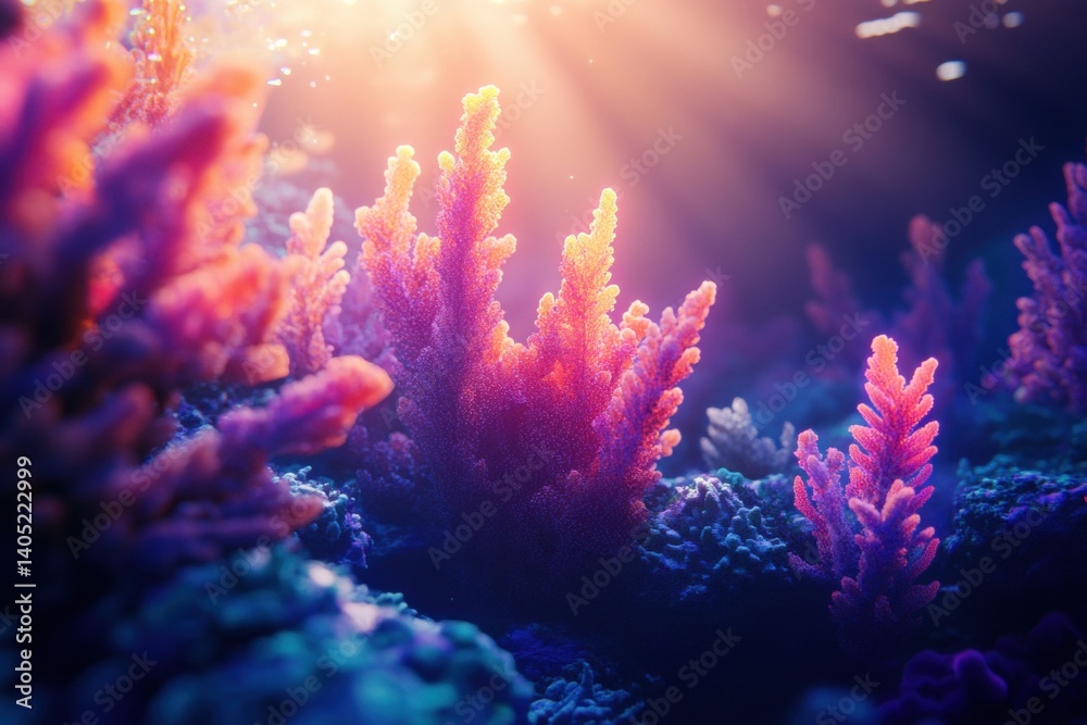 Vibrant coral reef illuminated by sunlight.