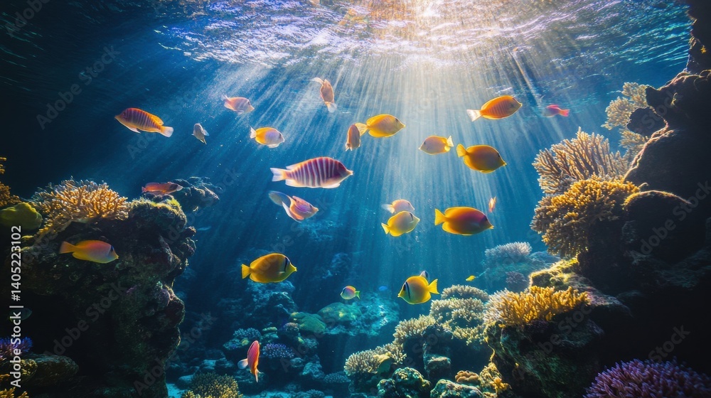 Vibrant coral reef teeming with colorful fish.