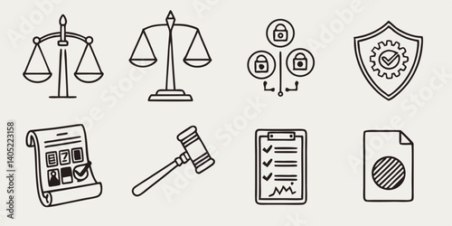 Justice Law Security Icons Line Art - Scales Gavel Shield Data Network Document Clipboard - Legal Vector Symbols
