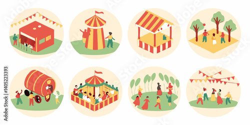 Cartoon Fair Festival Carnival Icons Isometric Fairground Events Tents Stages People