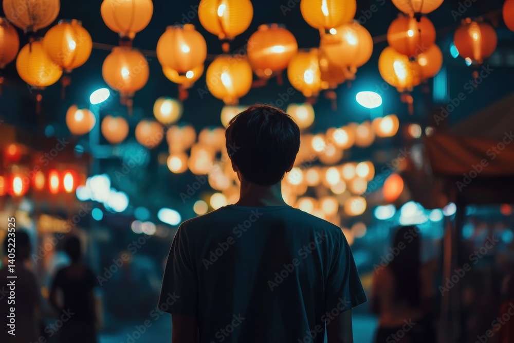 Nighttime contemplation amidst a vibrant market.