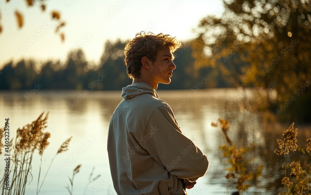 Golden hour contemplation by a serene lake.