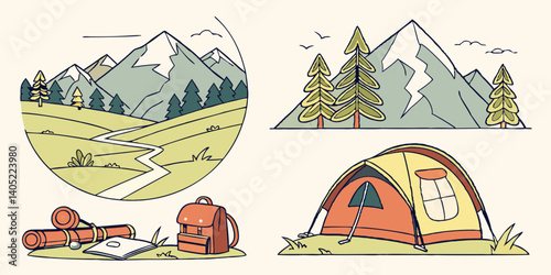 Camping Hiking Adventure Illustration Mountains Tent Backpack Nature Scenery Cartoon Flat Design