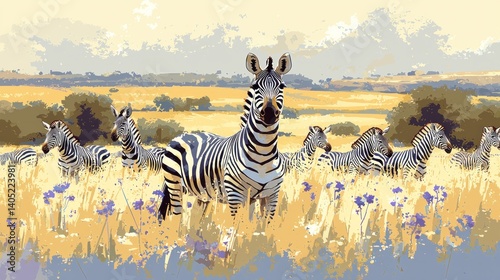 Majestic Zebras in African Savanna: A Serene Sunset Landscape