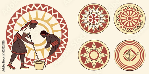 African Tribal Art Geometric Patterns Circular Designs People Illustration