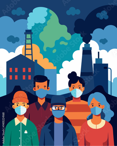 The pollution from industrial waste is having a devastating effect on air quality increasing rates of respiratory diseases and impacting human health.. Vector illustration