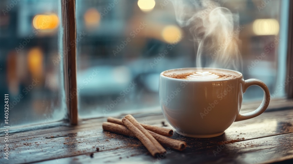 Aromatic coffee steaming gently on a windowsill.