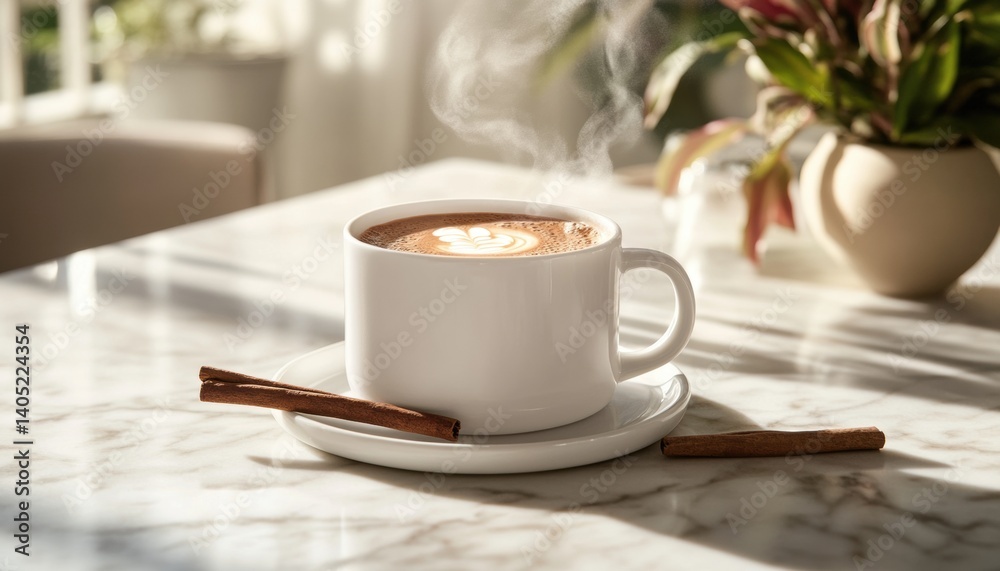 Steam rises from a latte art coffee cup on a marble table.