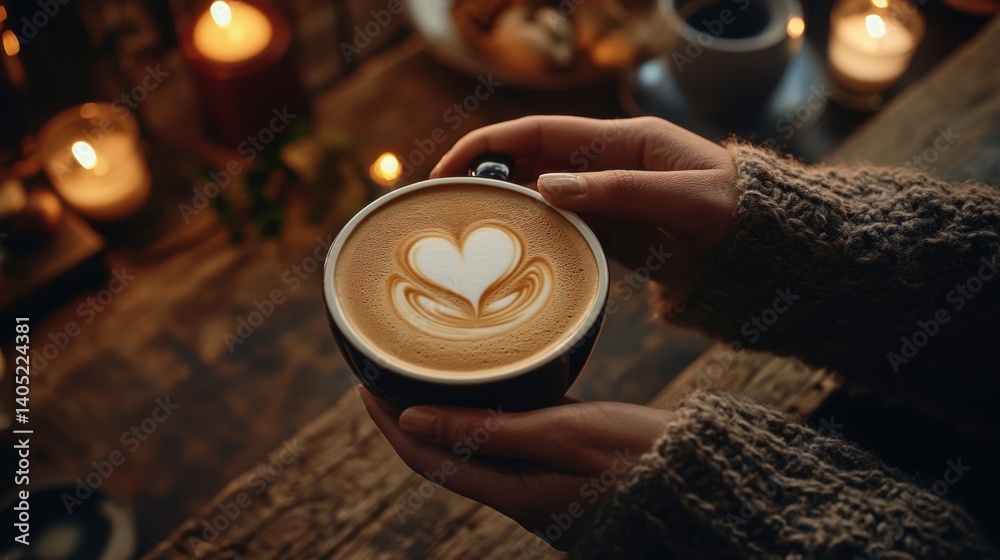 Warm hands hold a latte art coffee cup.