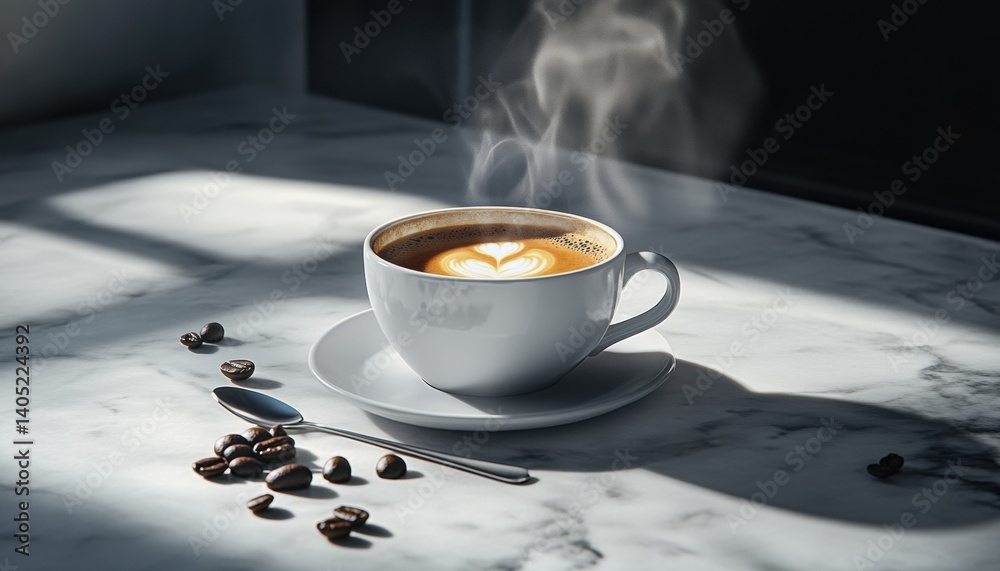 Steam rising from a latte art coffee cup on a marble surface.