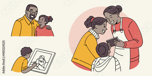 Happy Black Family Cartoons: Father Daughter Photo, Mother Son Tablet, Child Drawing Picture