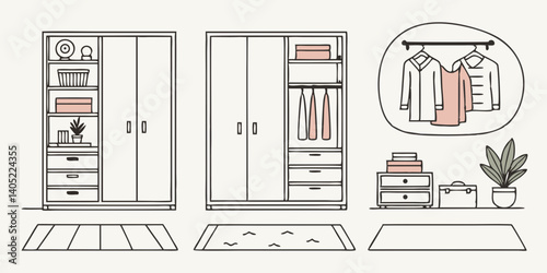 Minimalist Bedroom Closet Wardrobe Line Art Vector