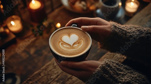 Obraz na płótnie Warm hands hold a latte art coffee cup. w salonie