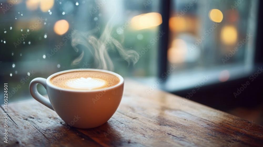 Steaming coffee cup by a rainy window.