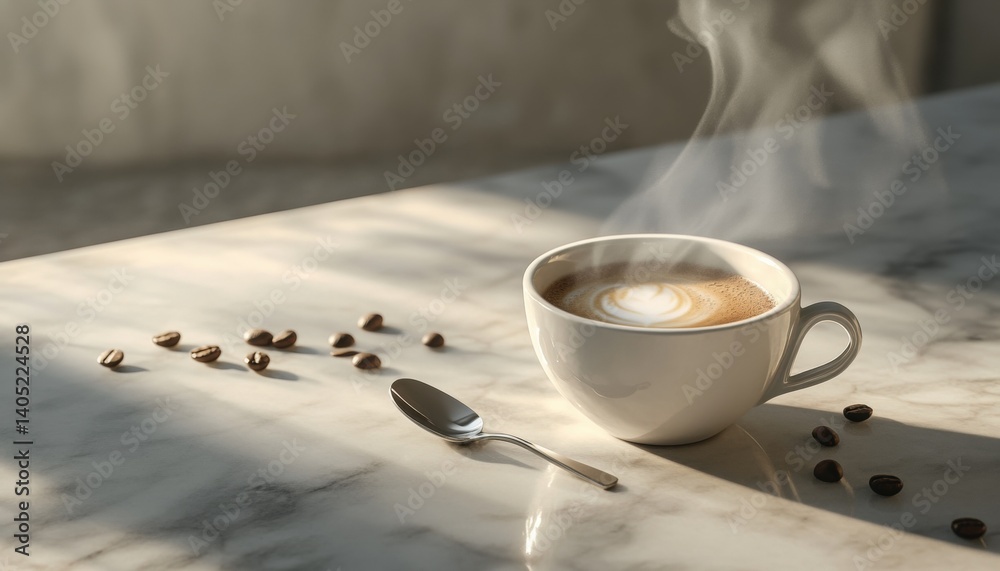 Steaming coffee cup on a marble table in sunlight.