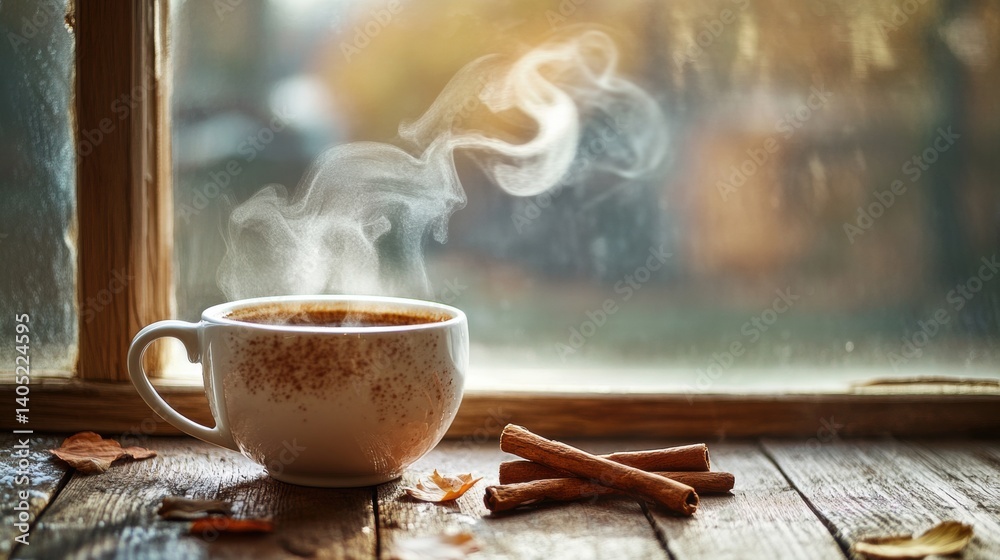 Aromatic coffee cup steaming beside cinnamon sticks on a windowsill.