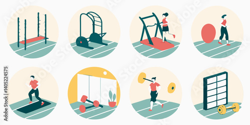 Fitness Workout Gym Equipment Vector Icons Flat Illustration Set