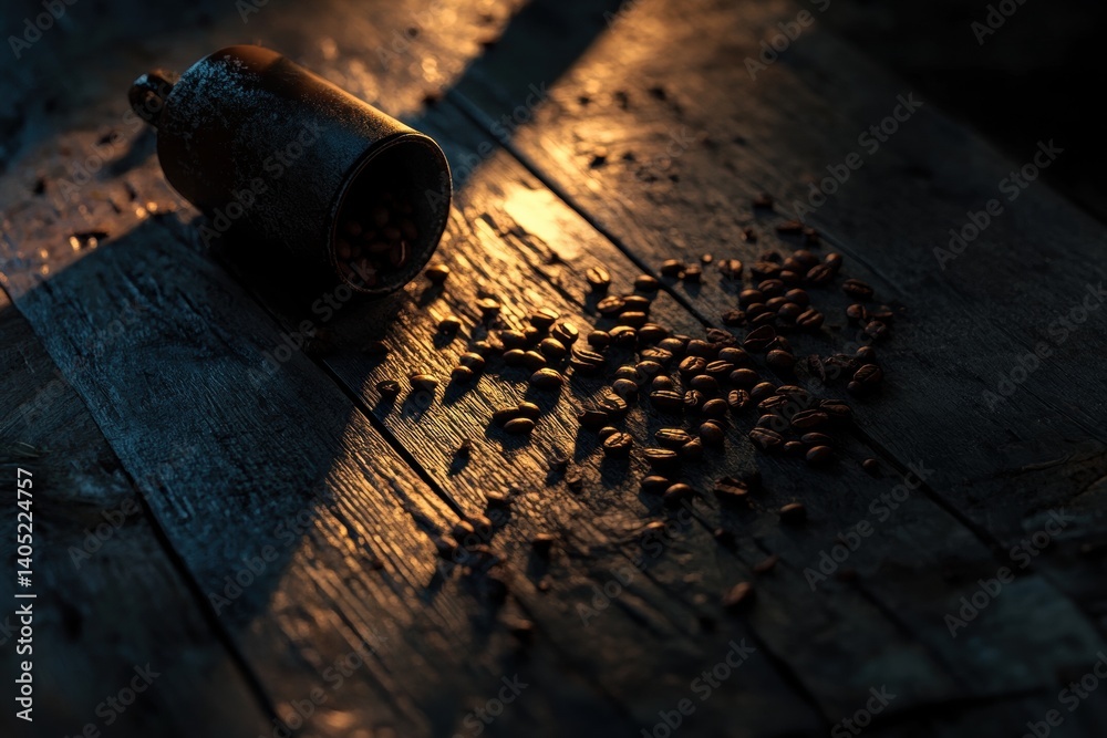 Rustic coffee beans scattered on a weathered wooden surface.