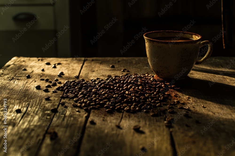 Rustic coffee beans and cup on a weathered wooden table.